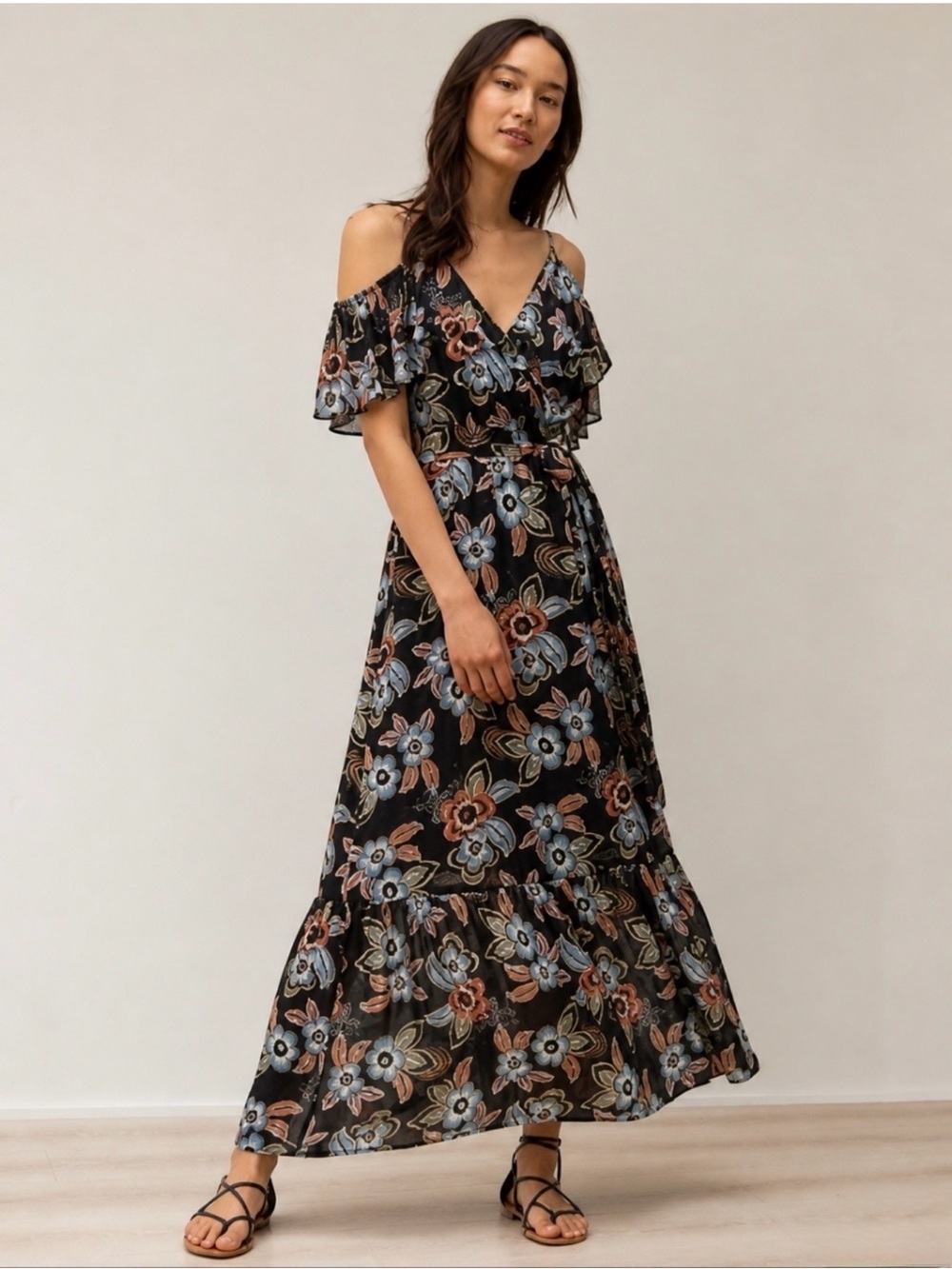 LOFT Navy Floral Ruffle Maxi Dress